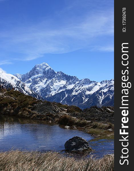 A view of New Zealands highest mountain, Aoraki, over Sealy Tarns on the Mueller Route.