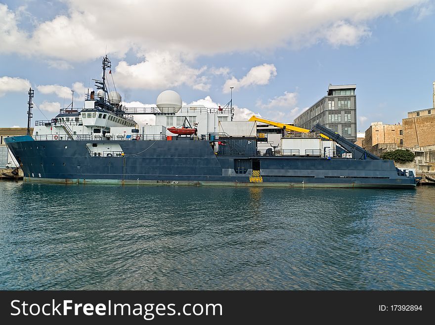 The cable ship moored in Grand harbour. Malta