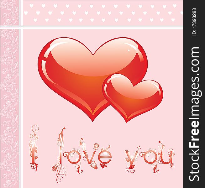 Pink card with two red hearts and floral elements. 
Valentines Day greeting card. Pink card with two red hearts and floral elements. 
Valentines Day greeting card