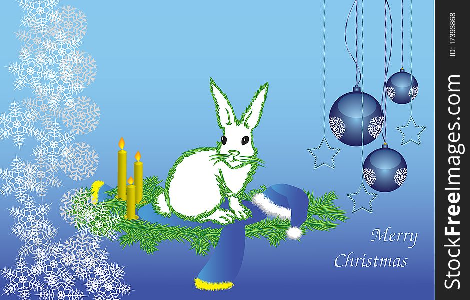 The white hare with a contour fur-tree needles congratulates on Christmas