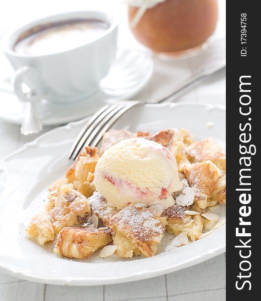 Pancake dessert with ice-cream for breakfast. Pancake dessert with ice-cream for breakfast