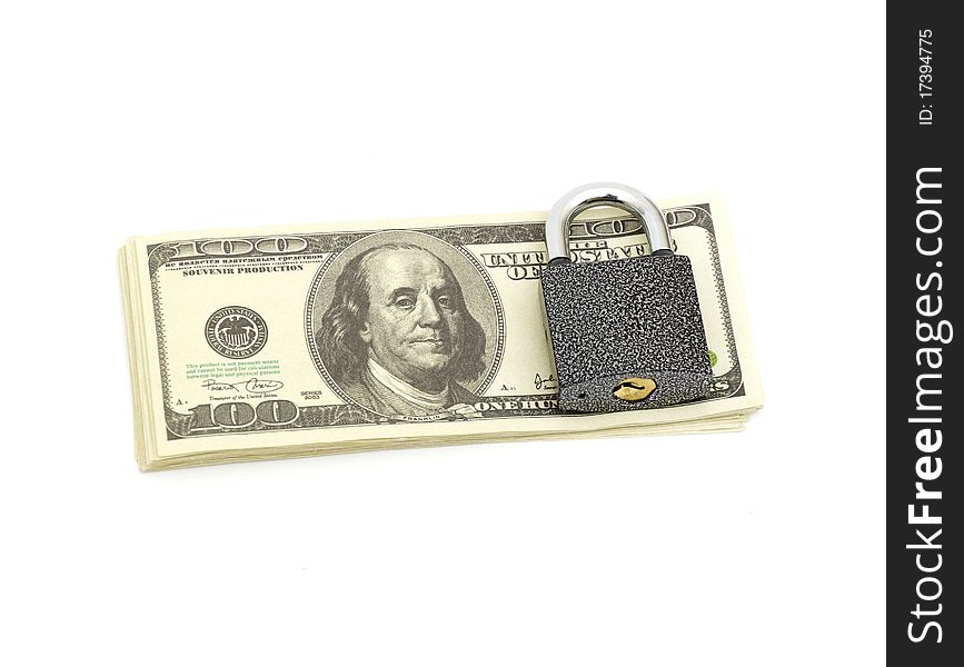 Lock and stack money isolated on white. Lock and stack money isolated on white