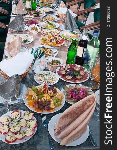 Many various meal and spirits on a celebratory table. Many various meal and spirits on a celebratory table.