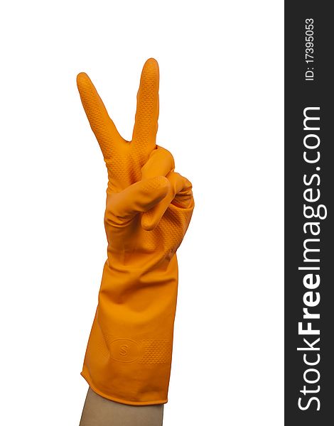 A Hand with orange protective glove. A Hand with orange protective glove