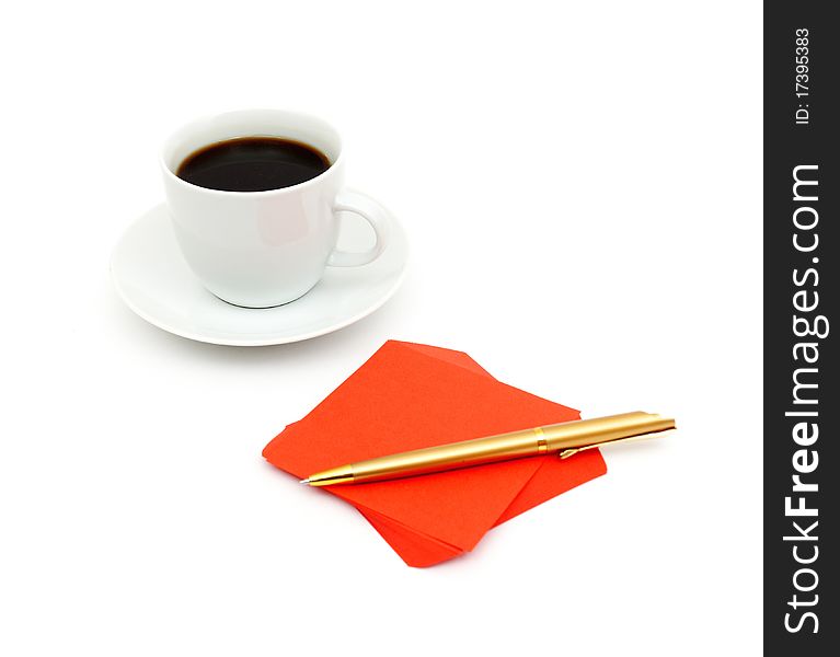 Red sticker note and a cup of coffee. isolated on white