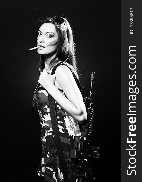 Attractive And Sexy Spy Woman With Assault Rifle