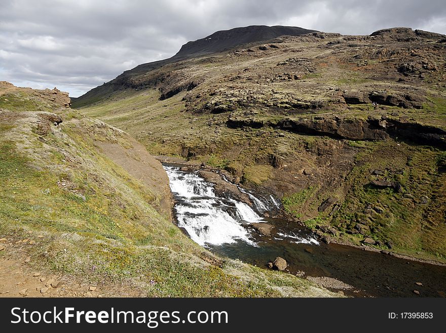 Small waterfall on Botsna river near famous Glymur waterfall in Iceland