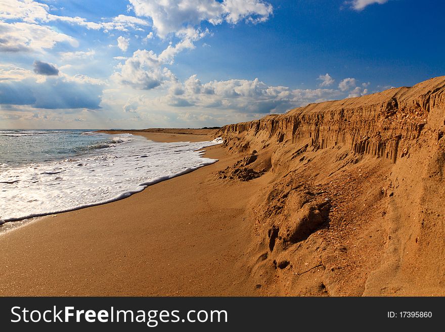 View on sand beach, sea and sky background. View on sand beach, sea and sky background