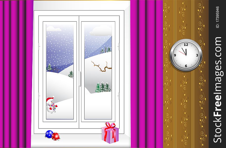 Christmas interior and window with a winter view. vector 10eps. Christmas interior and window with a winter view. vector 10eps.