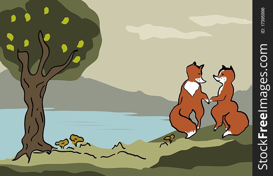 Child illustration with foxes on the walk