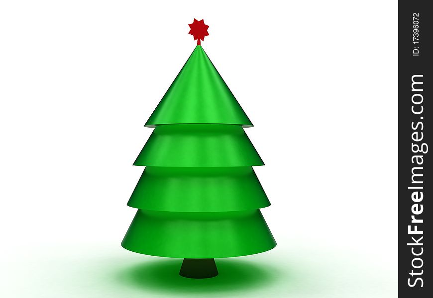 Green Tree made of plastic with a red star on white background. Green Tree made of plastic with a red star on white background