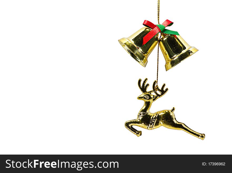 Reindeer and bell are isolated on white background