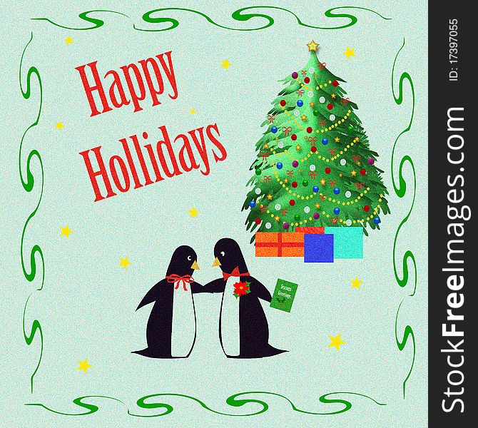 penguins and a Christmas tree holiday frame illustration. penguins and a Christmas tree holiday frame illustration