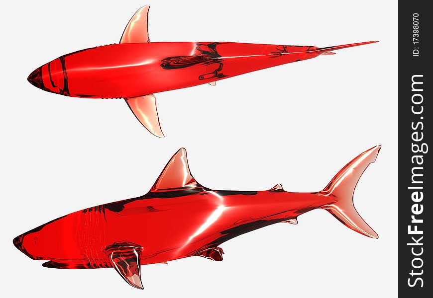 Two red glassy decorative sharks on a white background. Two red glassy decorative sharks on a white background