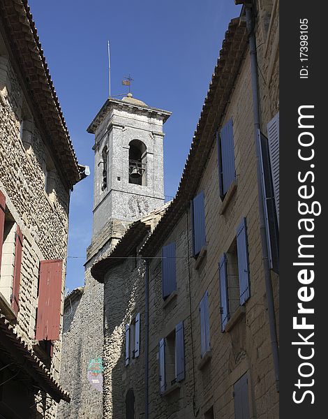 The view of tower of local church in Chateauneuf-du-Pape, France.