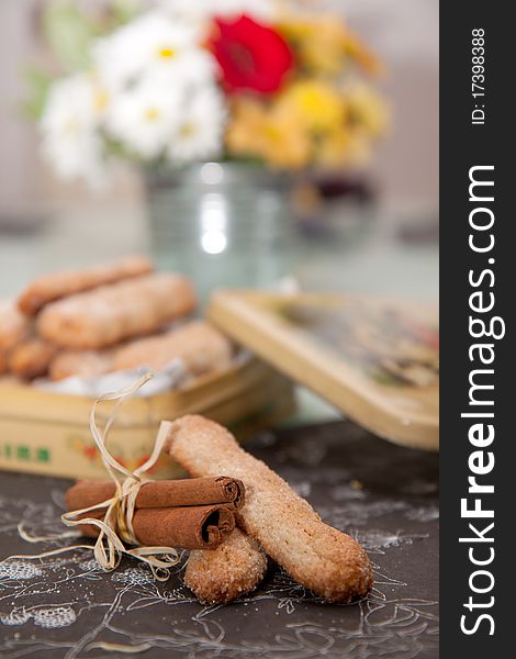 Sugar coated shortbread cookies with the cinnamon stick. Sugar coated shortbread cookies with the cinnamon stick