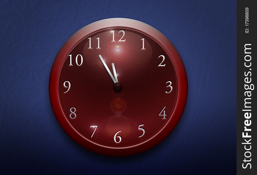Red clock pointing 5 before twelfe on a blue background. Red clock pointing 5 before twelfe on a blue background