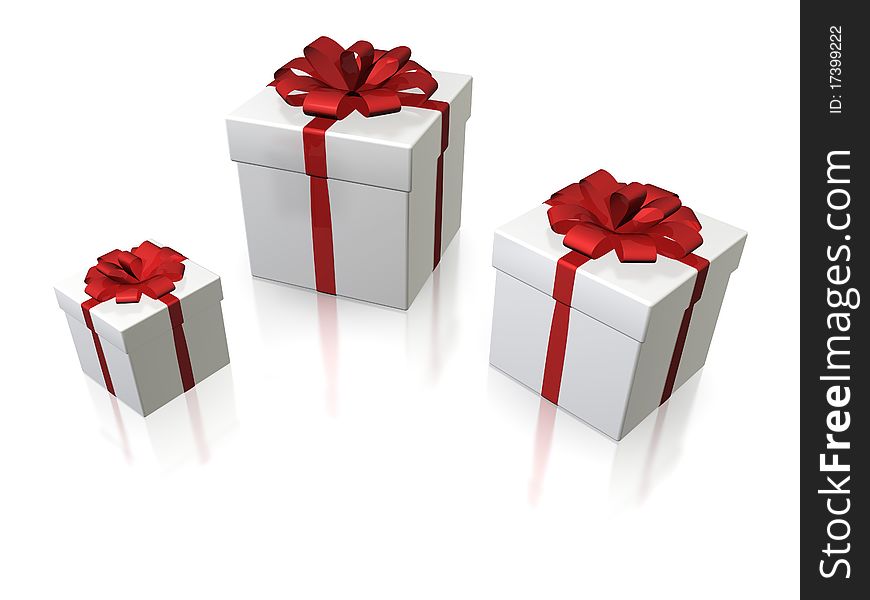 White gift boxes with red bow, isolated with clipping path. White gift boxes with red bow, isolated with clipping path