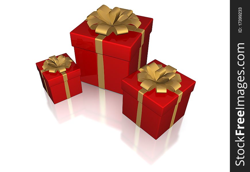Red gift boxes with golden bow, isolated with clipping path. Red gift boxes with golden bow, isolated with clipping path
