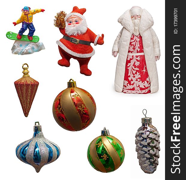 A set of old Christmas balls and toys: snowboarder figure, Santa Claus and Russian Father Frost. A set of old Christmas balls and toys: snowboarder figure, Santa Claus and Russian Father Frost