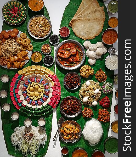 Flat lay of the taste of India. A selection of Indian food with various selection of food and desserts