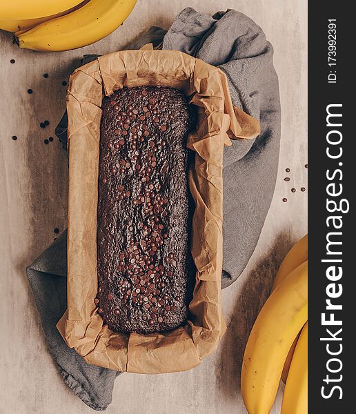 Fresh chocolate banana bread in baking tray