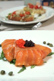 Smoked Salmon Slices With Red And Black Caviar Stock Images Smoked Salmon Slices With Red And Black Caviar Stock Images