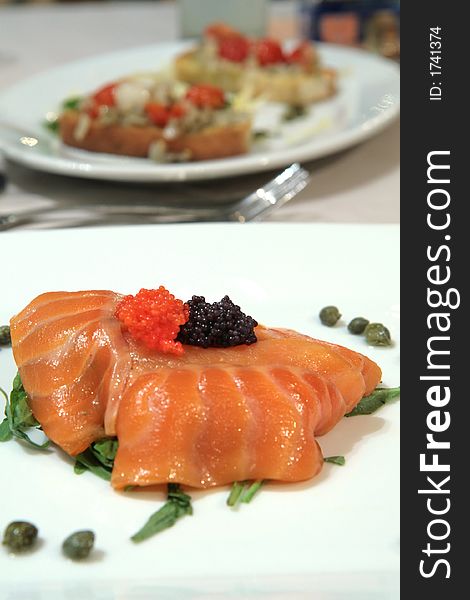 Smoked Salmon Slices With Red And Black Caviar