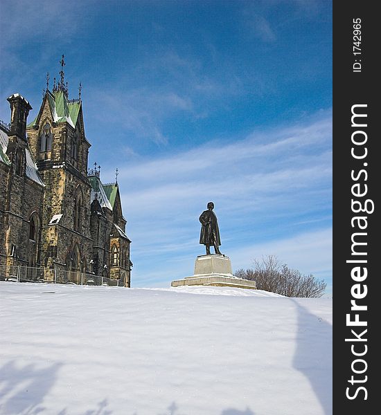 Monument Overlooking a Snowy Field at the House of Parliament, Ottawa, Canada