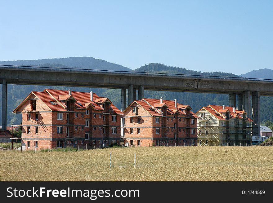 Apartments buildings uder the highway in Slovakia. Apartments buildings uder the highway in Slovakia