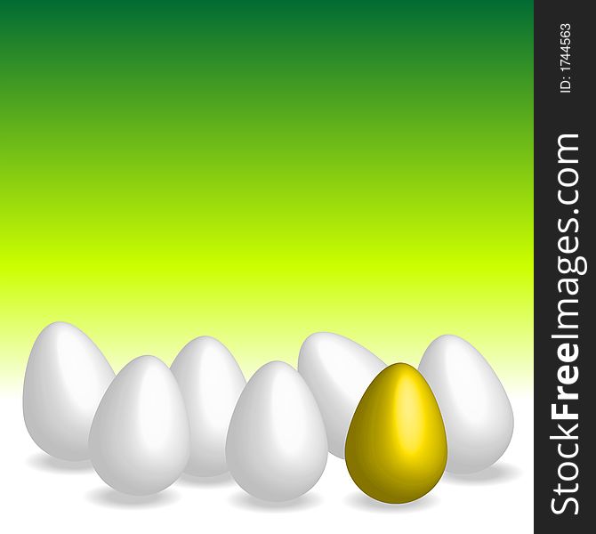 Easter eggs. Golden egg over green gradient background