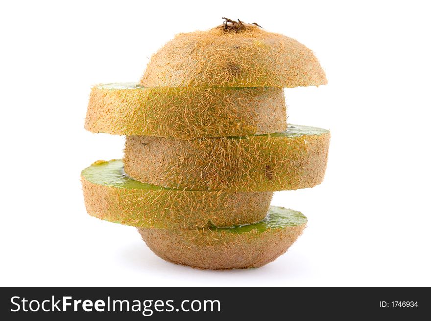 Kiwi fruit, two, one whole fruit and one sliced in a half. Isolated on white. Kiwi fruit, two, one whole fruit and one sliced in a half. Isolated on white