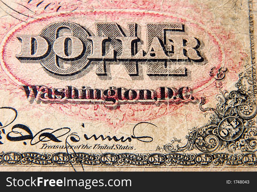 Macro close up vintage one dollar US note. Macro close up vintage one dollar US note