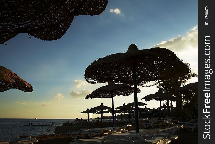 Parasols Silhouette On The Beach