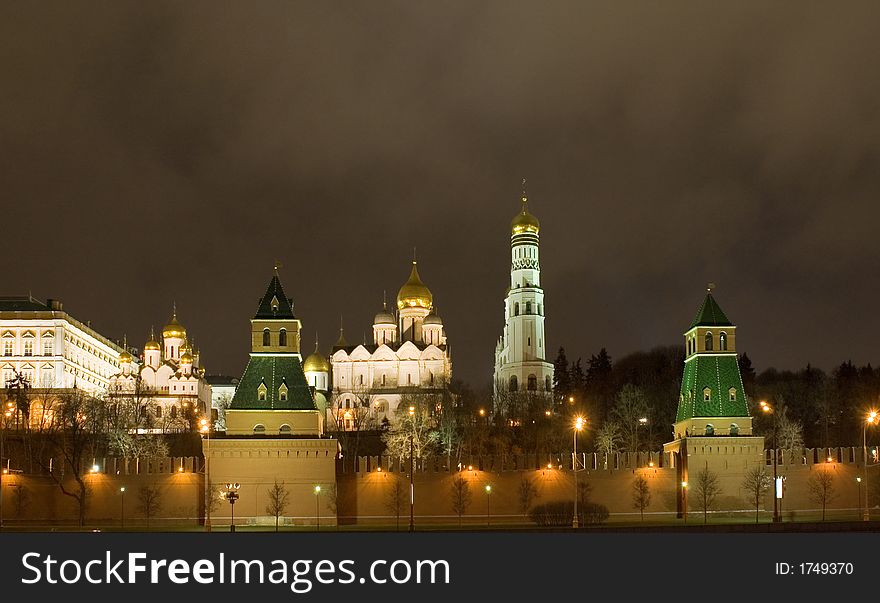 Russia, city Moscow, night Kremlin wall and tower and cathedral. Russia, city Moscow, night Kremlin wall and tower and cathedral