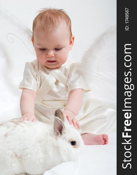 Cute little girl dressed like fairy with fluffy wings plays with white rabbit. Cute little girl dressed like fairy with fluffy wings plays with white rabbit