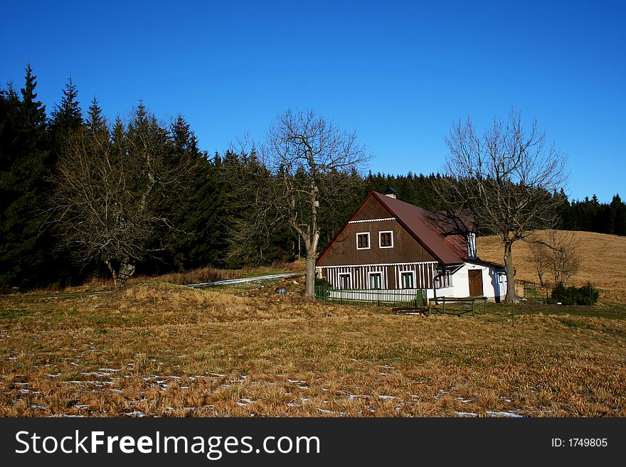 Mountain scenery with lumber cottage and trees. Mountain scenery with lumber cottage and trees