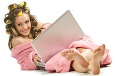 Girl In Pink Dressing Gown Sitting With Laptop Stock Photo Girl In Pink Dressing Gown Sitting With Laptop Stock Photo
