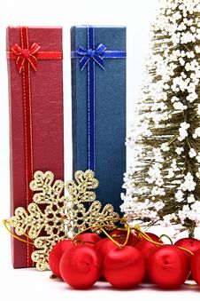 Red And Blue Holiday Box With Christmas Ornament Royalty Free Stock Photography