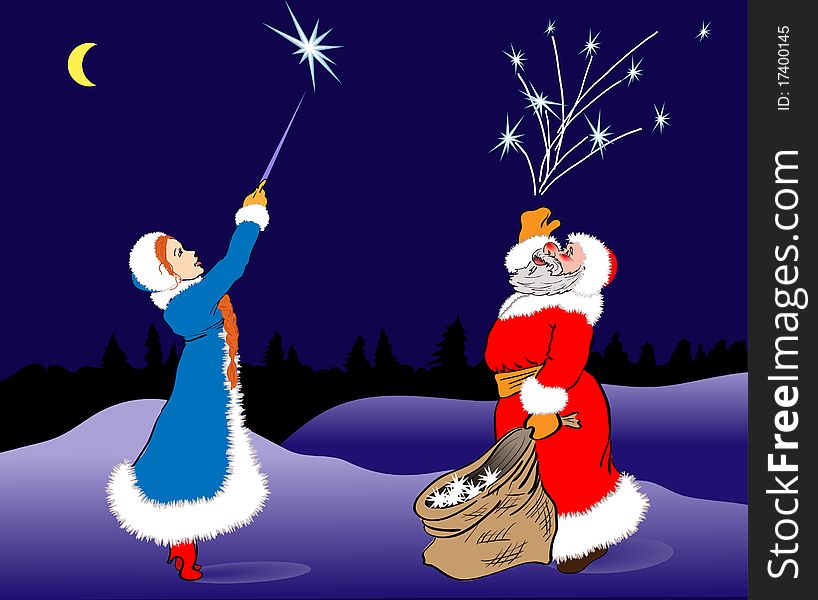 Santa Claus and snow maiden set flaming stars. Santa Claus and snow maiden set flaming stars