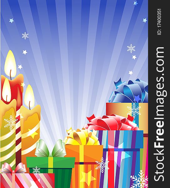 Gift boxes and burning candles on a shining background. Gift boxes and burning candles on a shining background