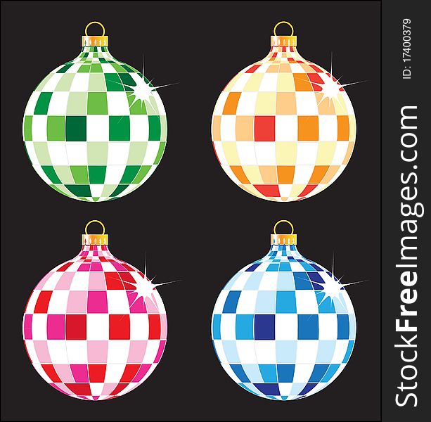 Four sparkling original Christmas ball isolated on black. Four sparkling original Christmas ball isolated on black