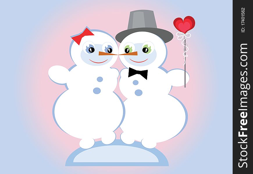 Two snowmen, she and he with heart. Two snowmen, she and he with heart