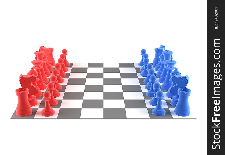 A set of chess pieces - blue + red