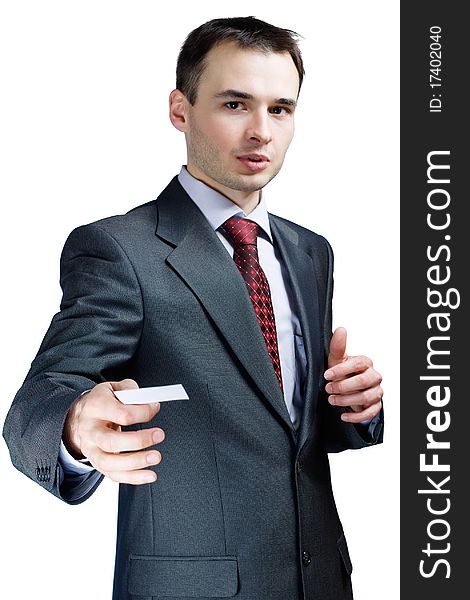 Portrait of businessman holding a blank card