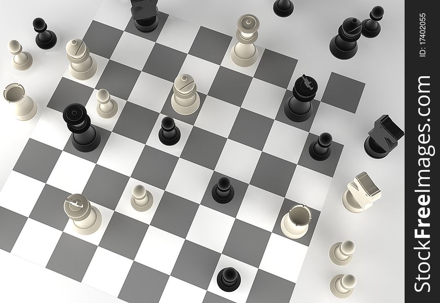 A played out set of chess with black + white chess pieces