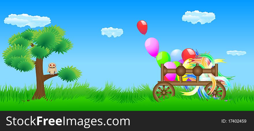 The vector cart with balloons on a green meadow with a tree and an owl. The vector cart with balloons on a green meadow with a tree and an owl