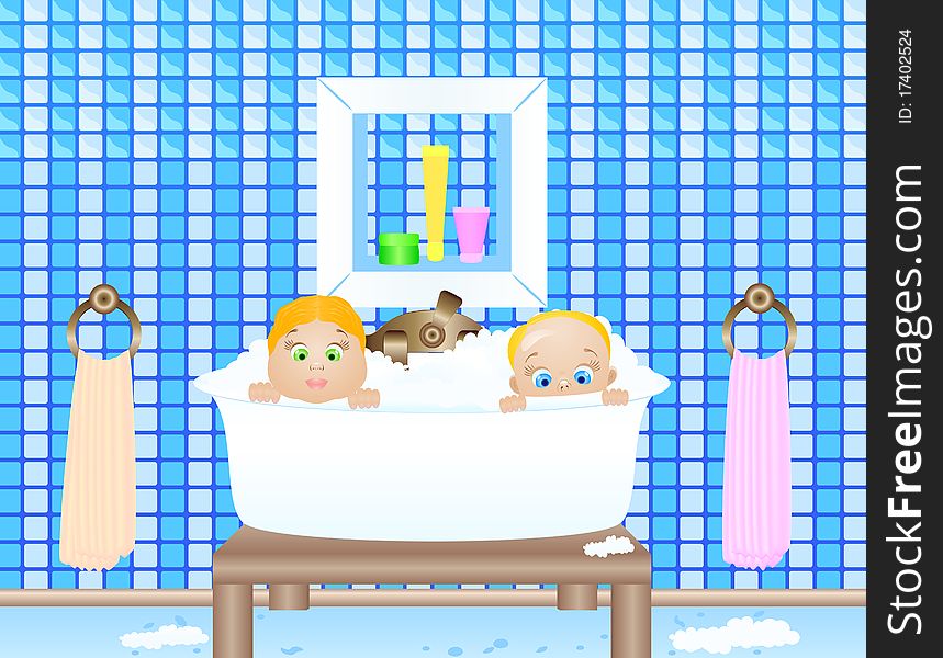 Vector illustration of the little childs bathing in a bathroom. Vector illustration of the little childs bathing in a bathroom