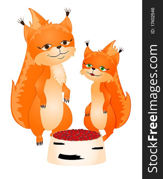 Vector illustration of two squirrels and a basket of birch bark full hearts