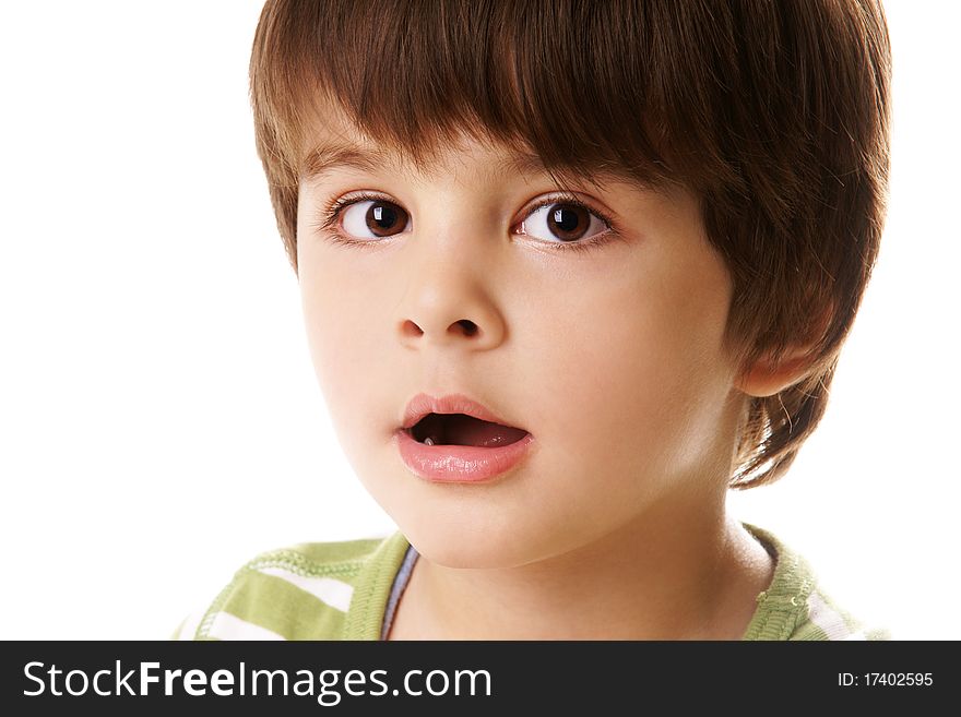 Portrait of amazed little boy isolated on white background. Portrait of amazed little boy isolated on white background